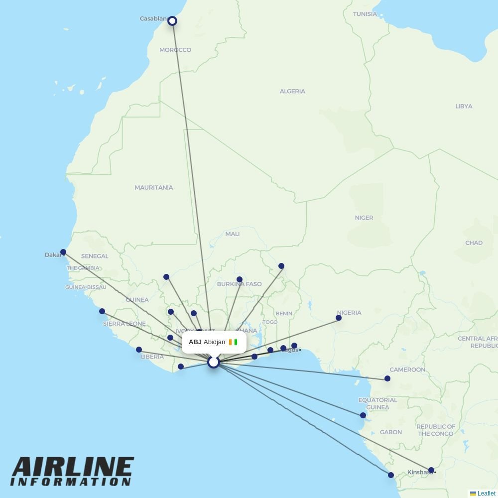 Air Cote DIvoire routes from ABJ