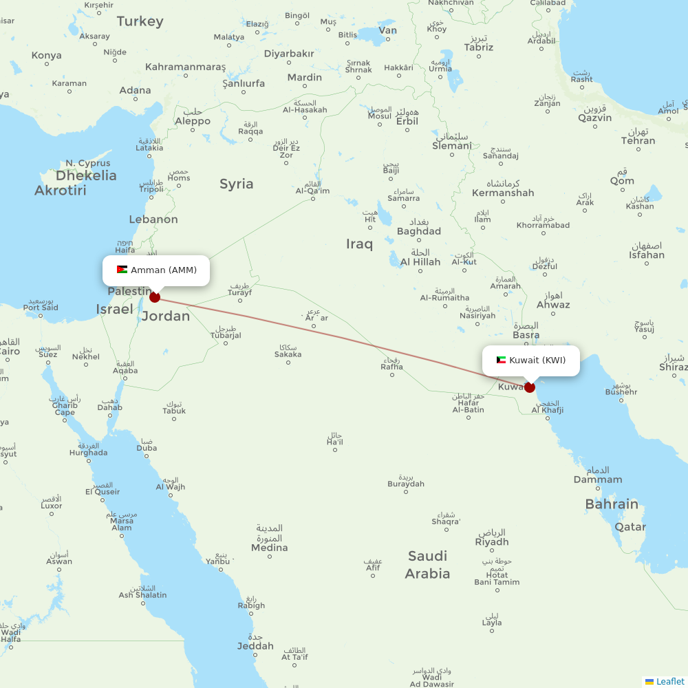 Jazeera Airways at AMM route map