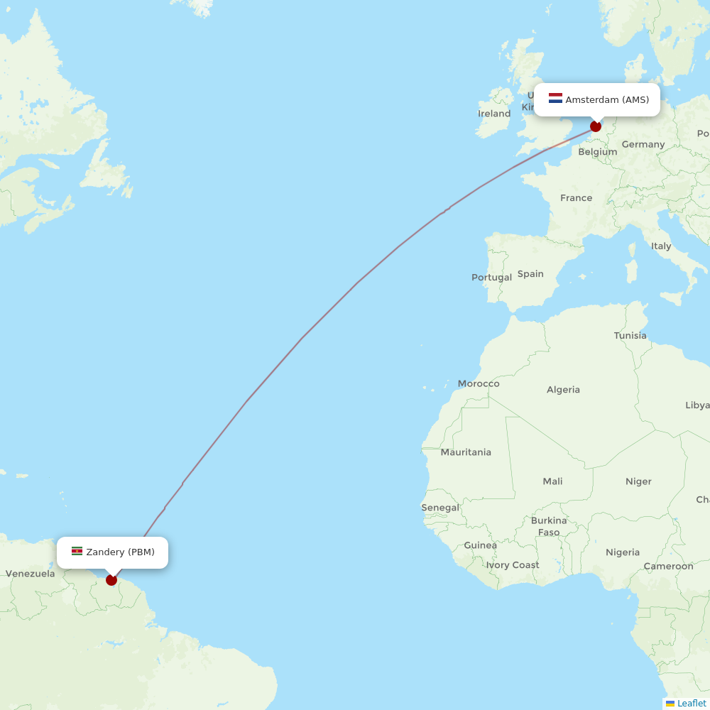 Surinam Airways at AMS route map