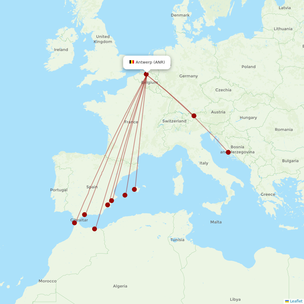 TUI Airlines Belgium at ANR route map