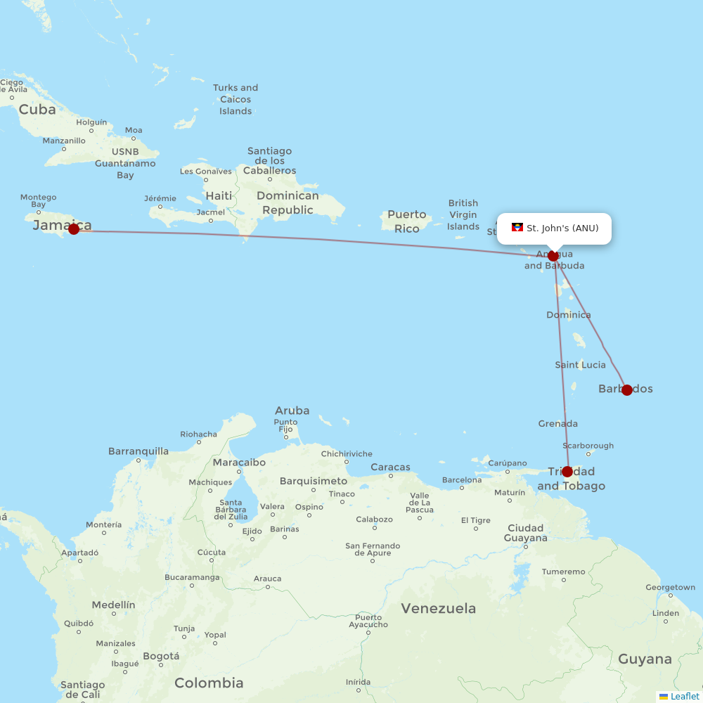 Caribbean Airlines at ANU route map