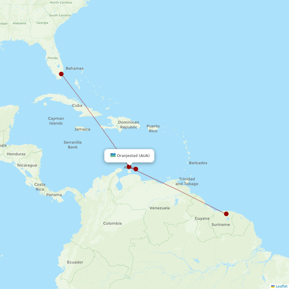 Surinam Airways at AUA route map