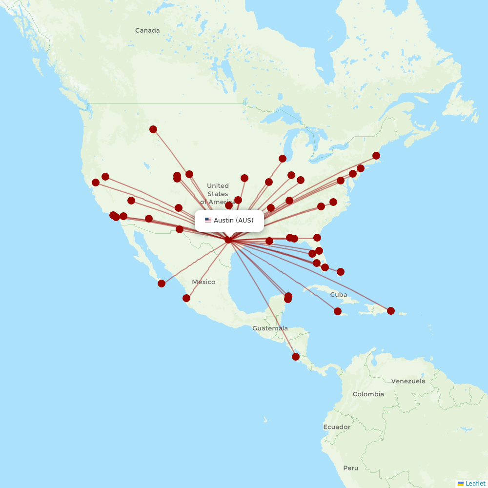 American Airlines at AUS route map