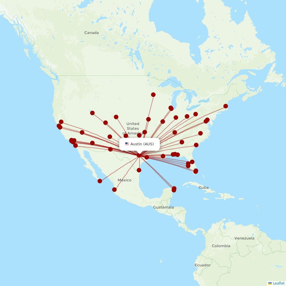 Southwest at AUS route map