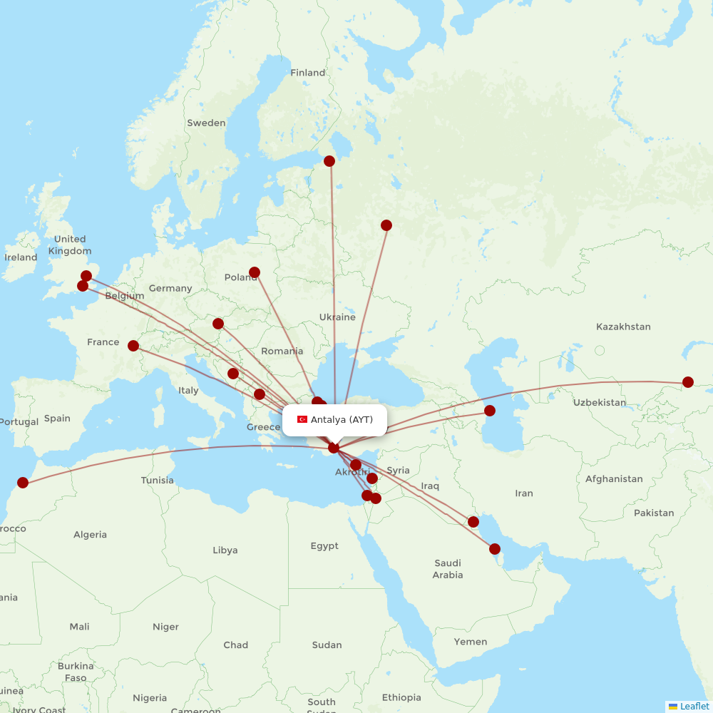 Turkish Airlines at AYT route map
