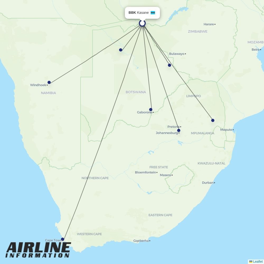 Air Botswana routes from BBK