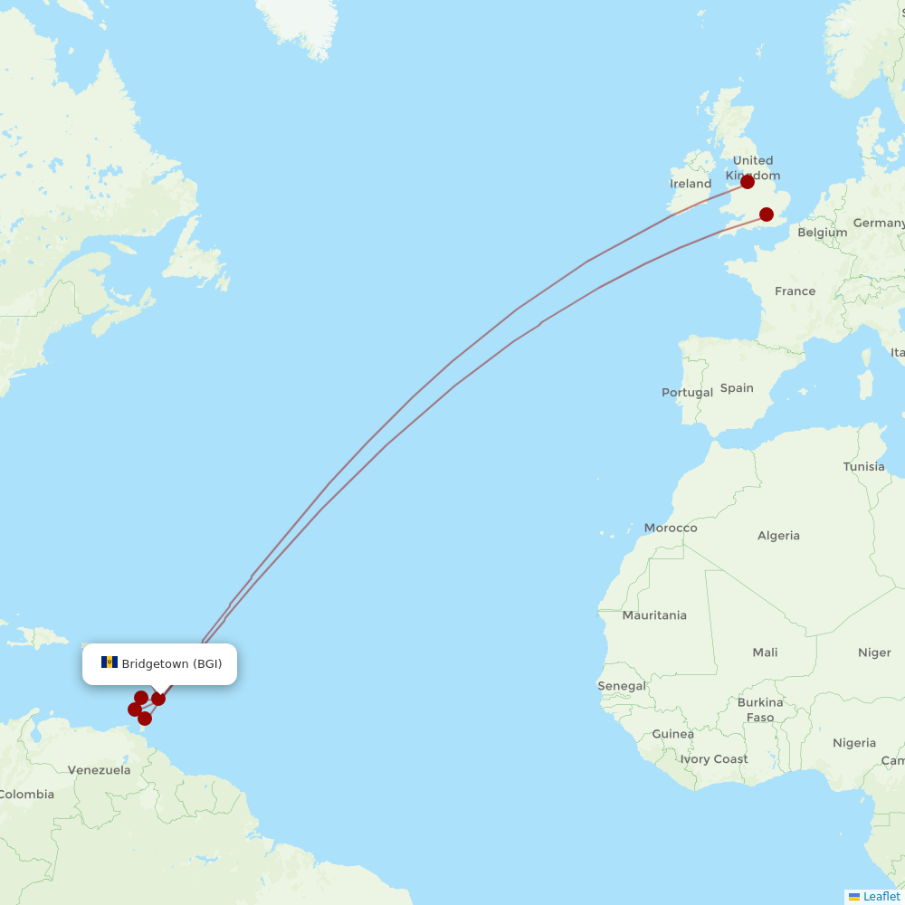 Virgin Atlantic at BGI route map