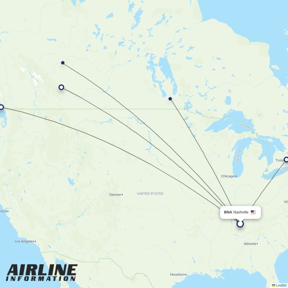 WestJet routes from BNA