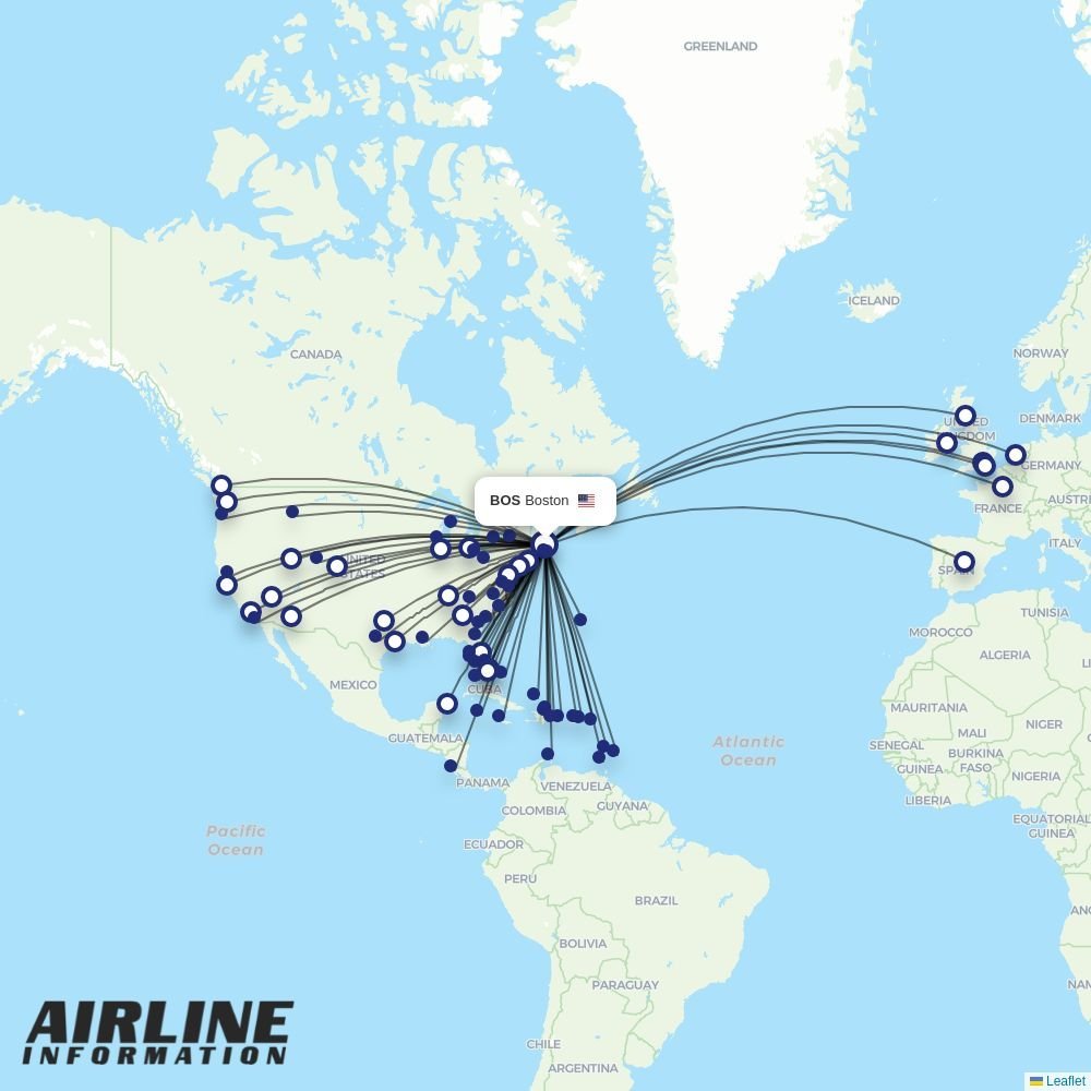 JetBlue routes from BOS