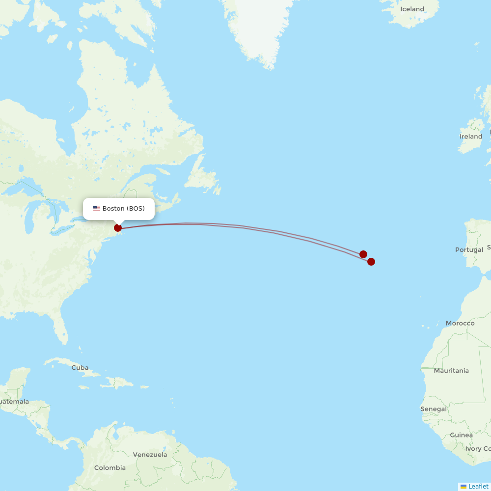 Azores Airlines at BOS route map