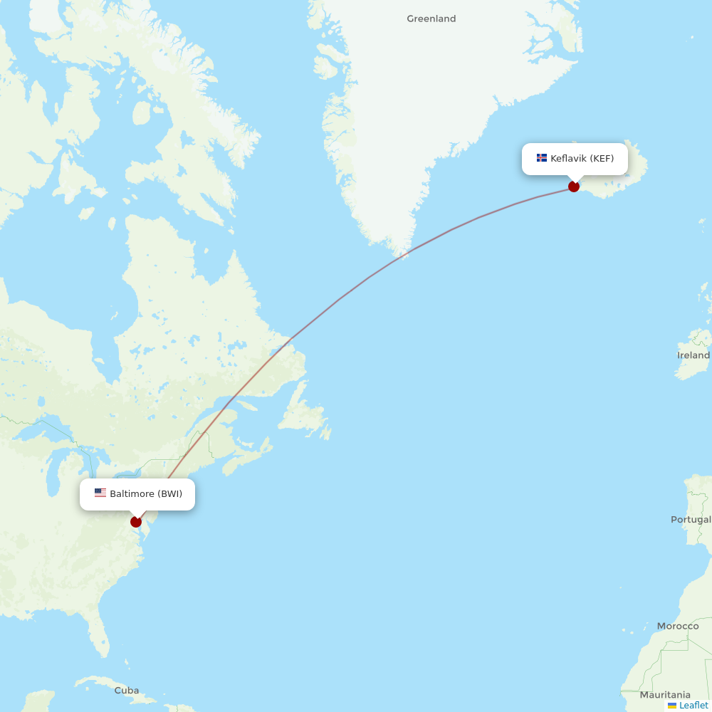 Icelandair at BWI route map