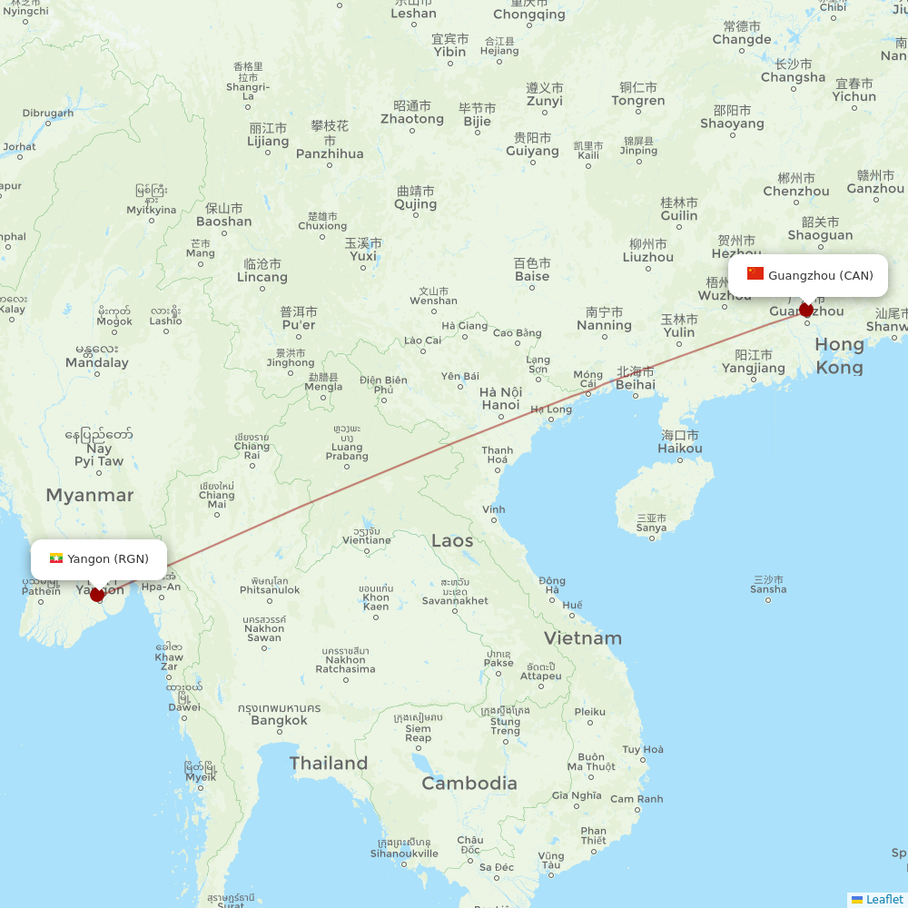 Myanmar Airways International at CAN route map
