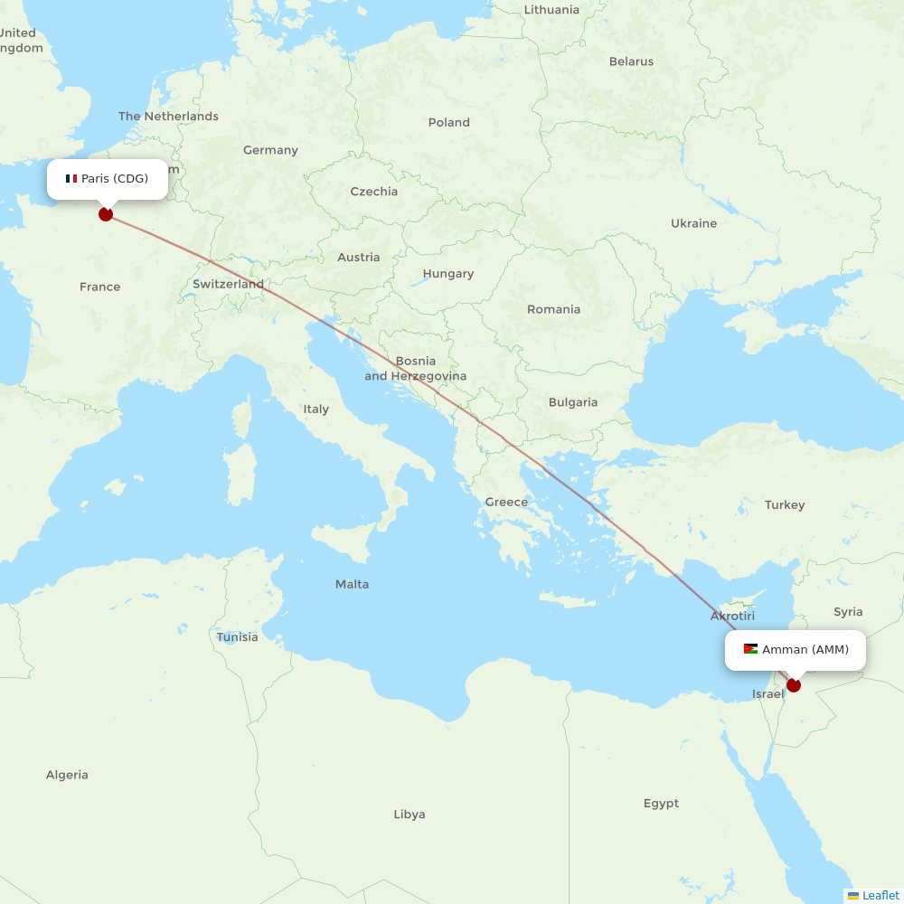 Royal Jordanian at CDG route map