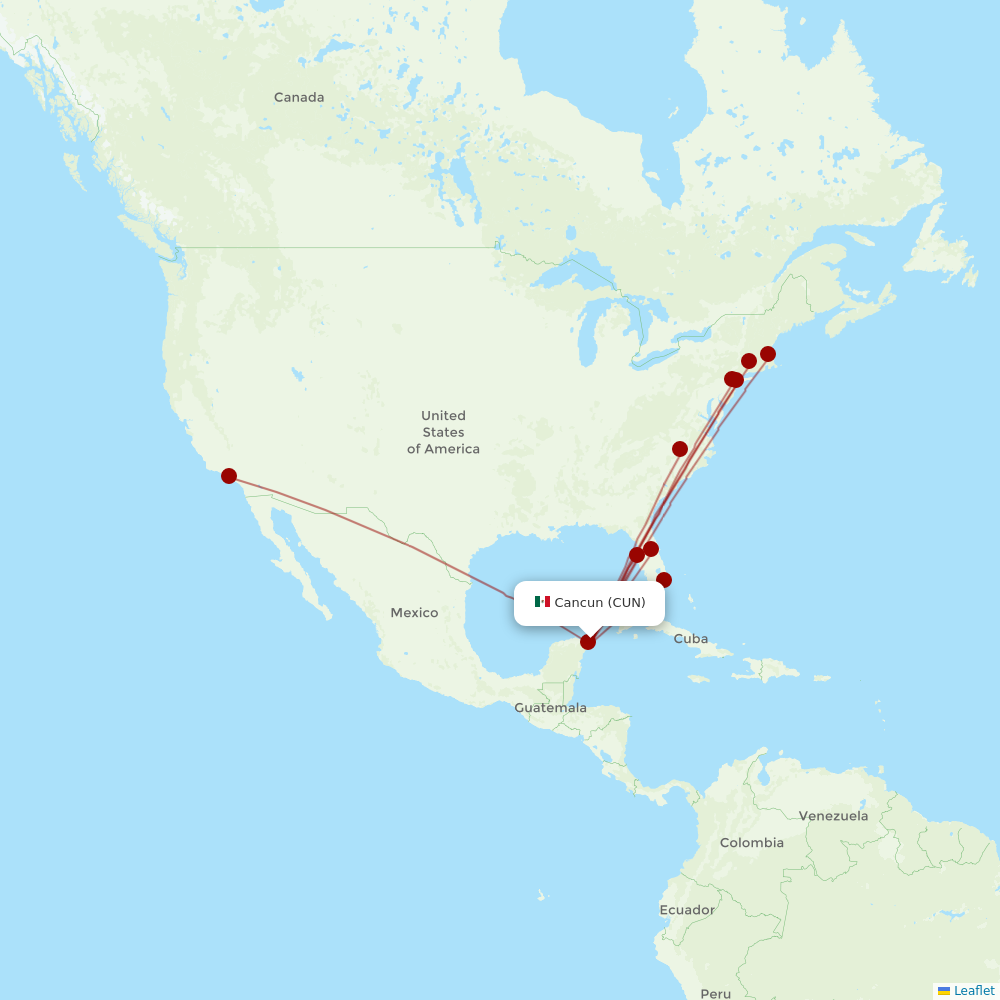 JetBlue at CUN route map