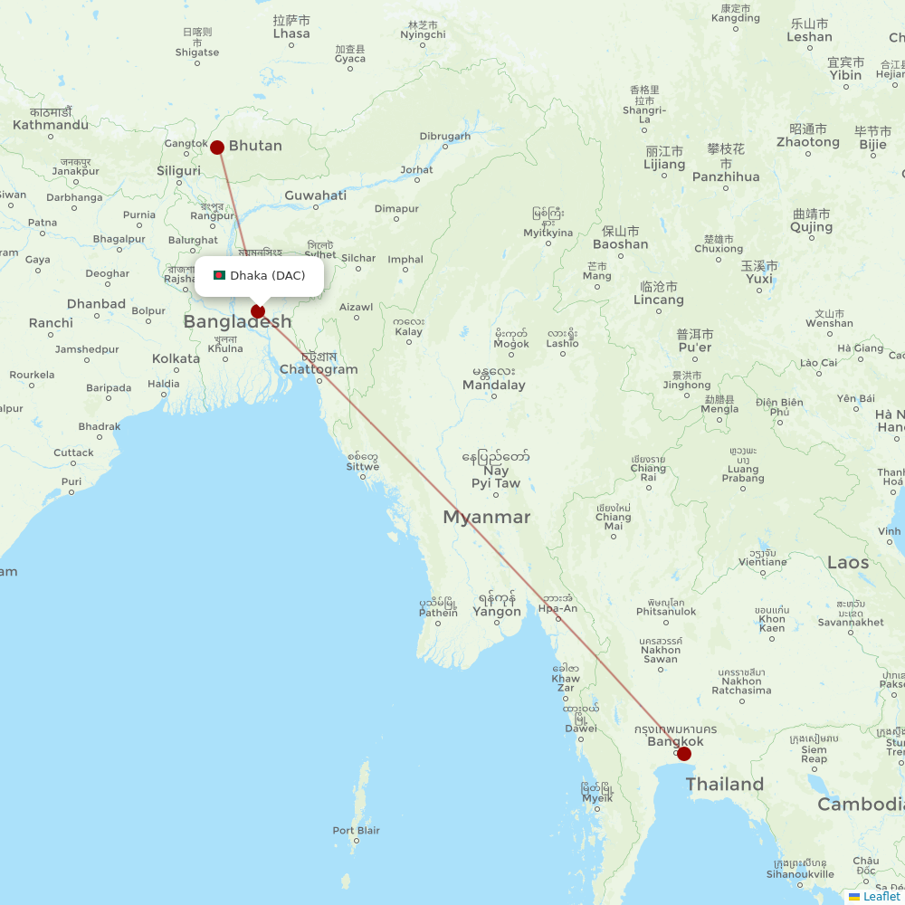 Drukair at DAC route map