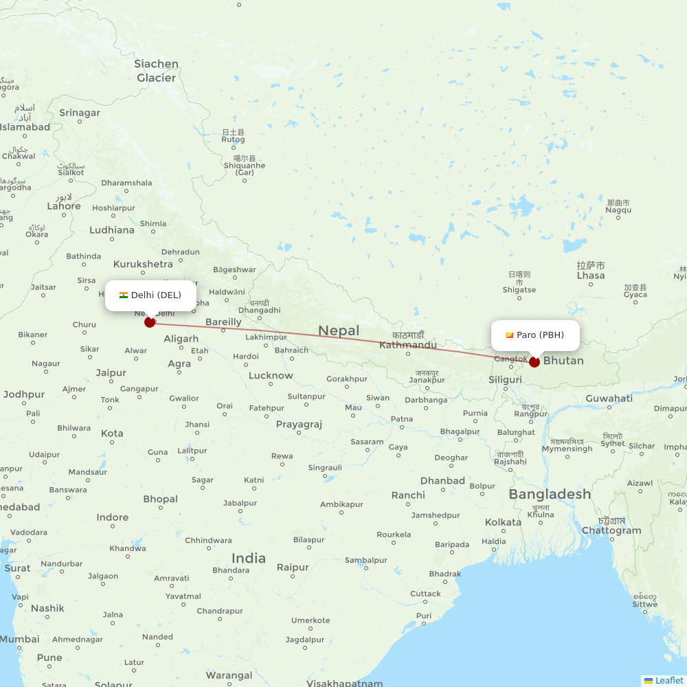 Bhutan Airlines at DEL route map