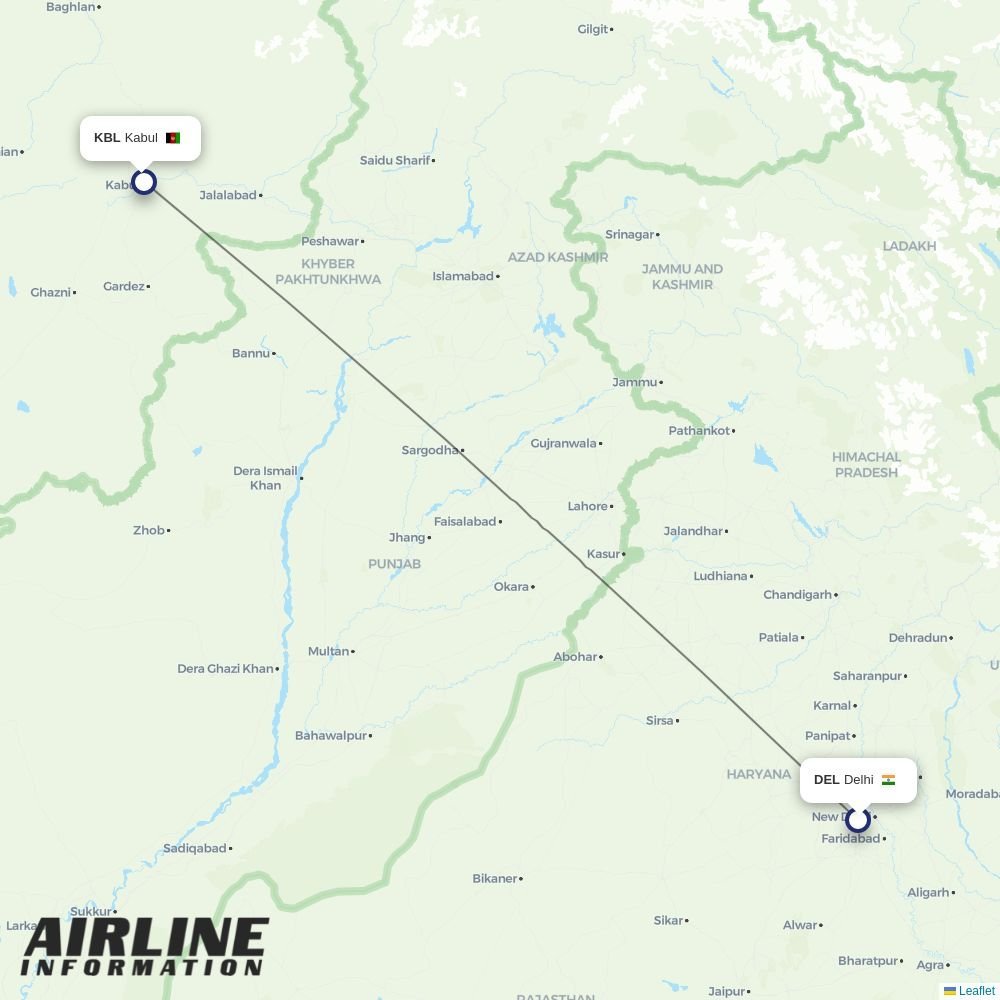 Ariana routes from DEL
