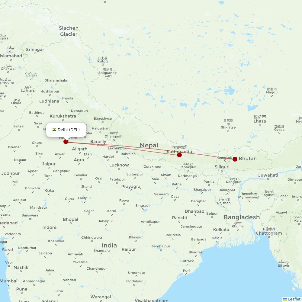 Drukair at DEL route map