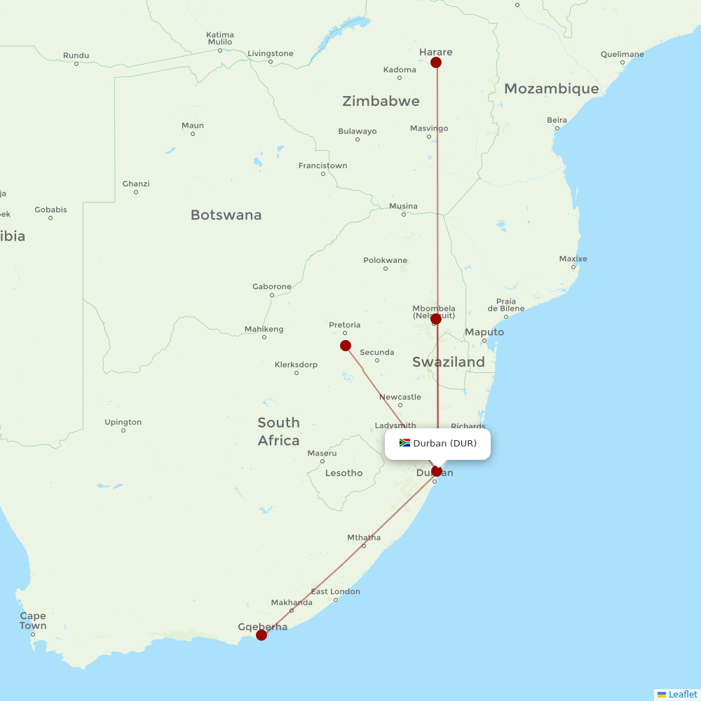 Airlink (South Africa) at DUR route map