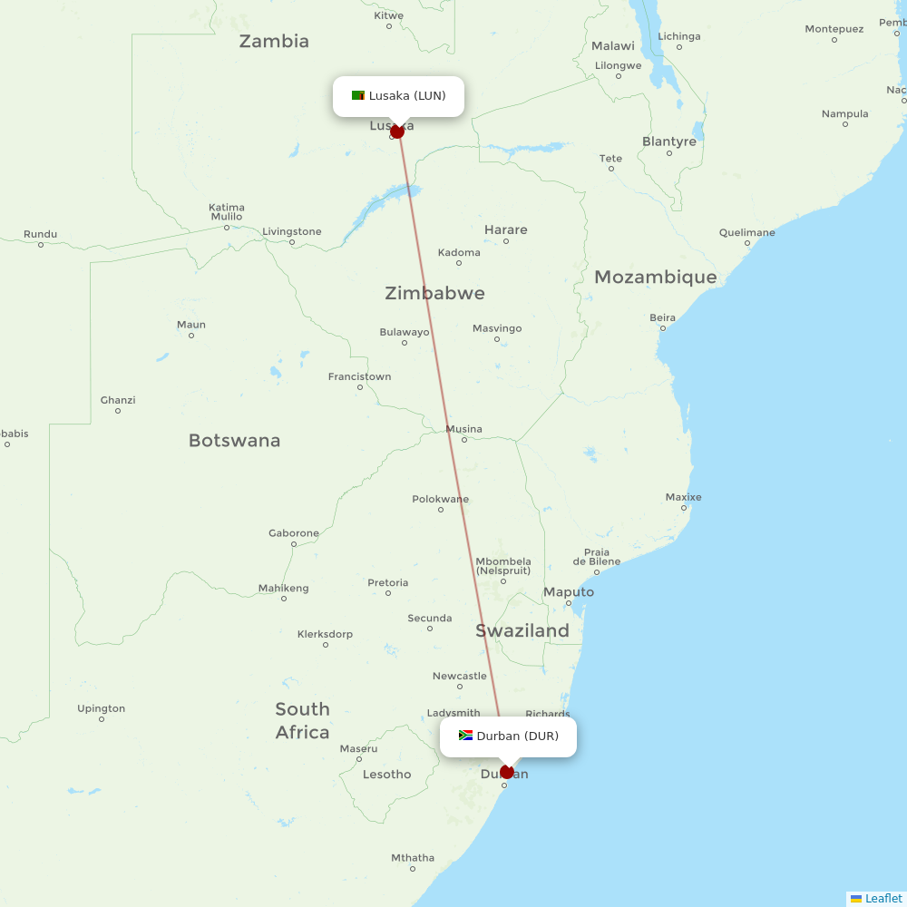 Proflight Zambia at DUR route map