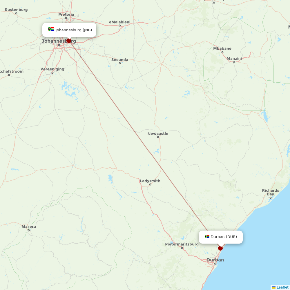 South African Airways at DUR route map