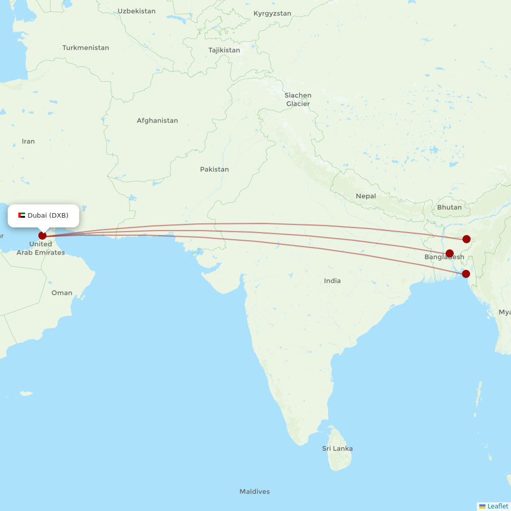 Biman Bangladesh Airlines at DXB route map