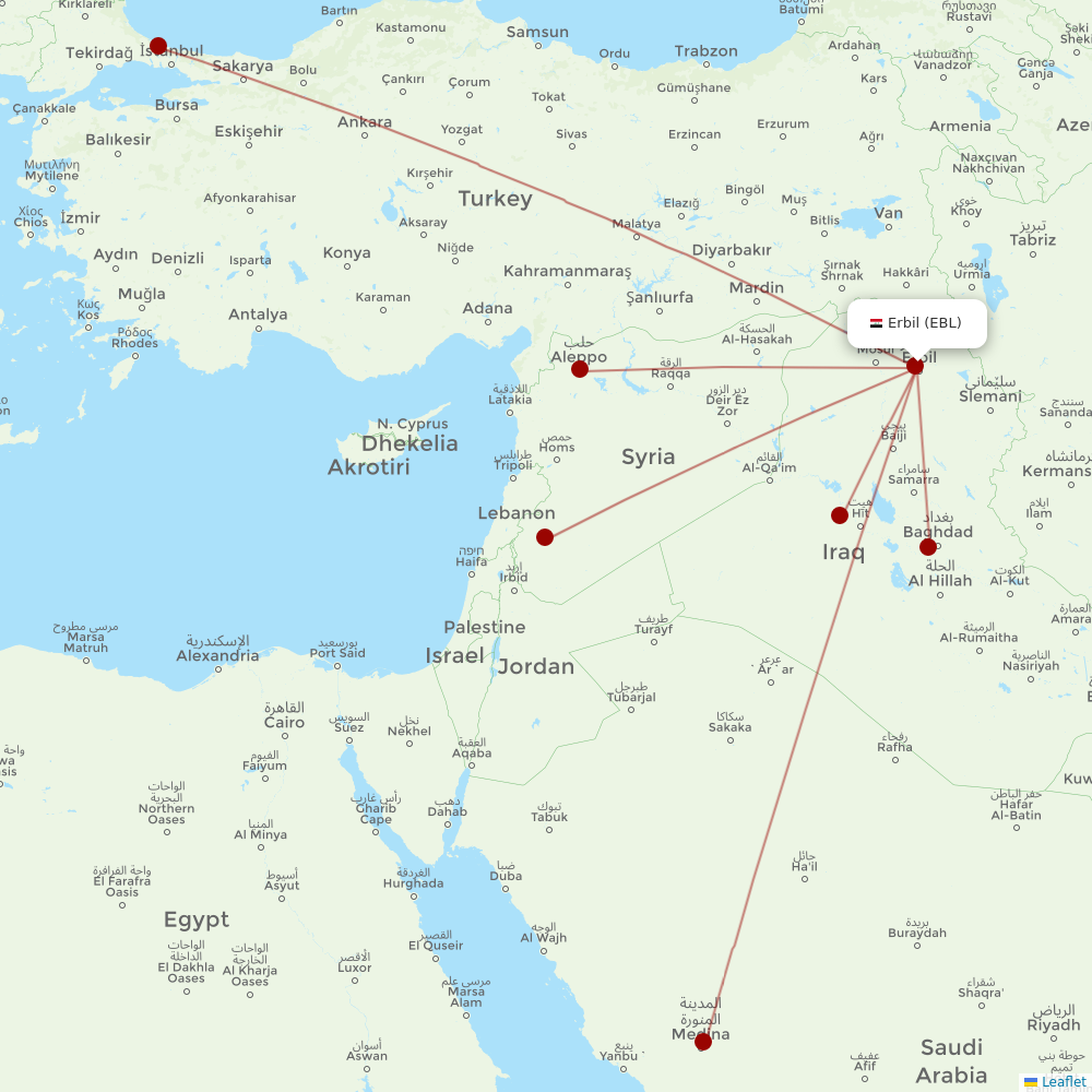 Fly Baghdad at EBL route map