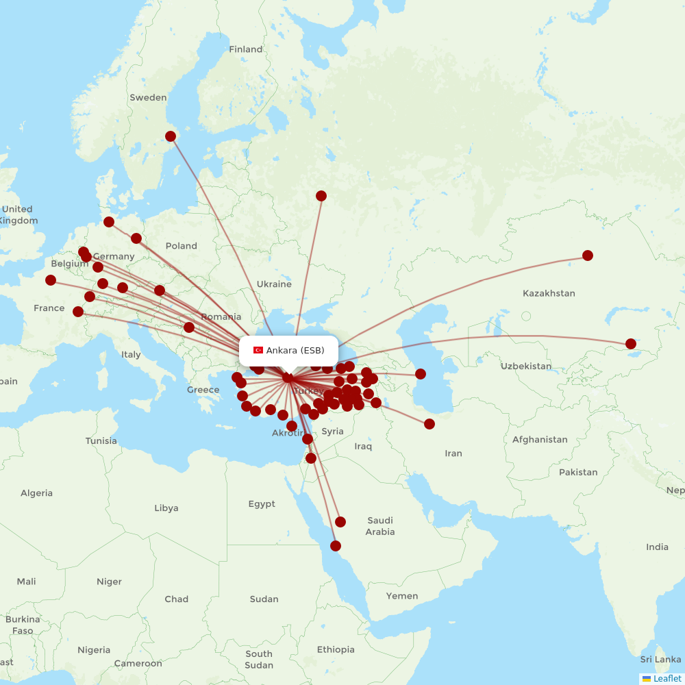Turkish Airlines at ESB route map