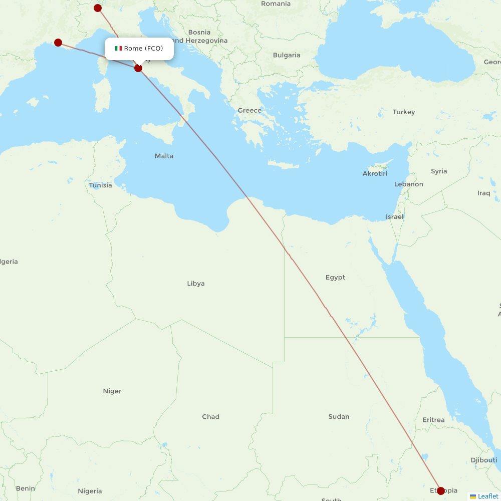 Ethiopian Airlines at FCO route map