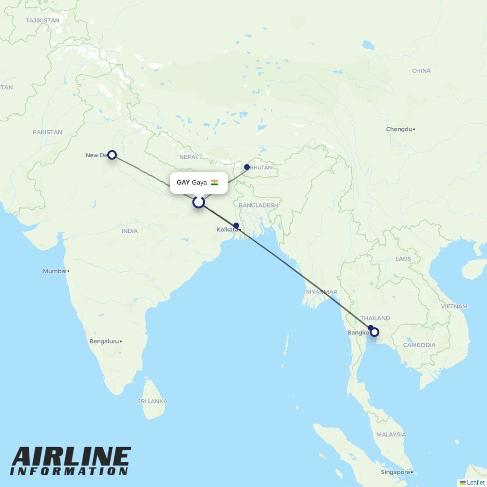 Bhutan Airlines routes from GAY