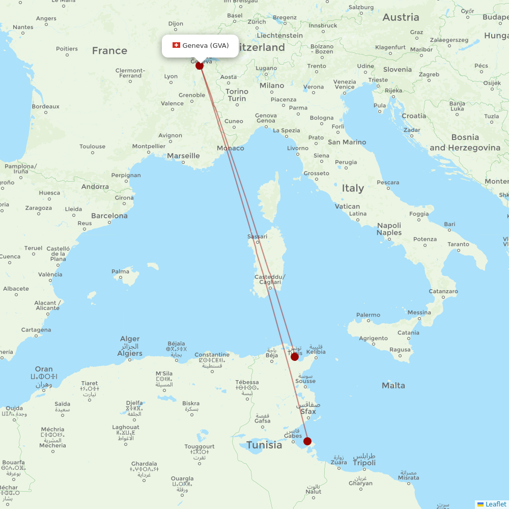 Tunisair at GVA route map