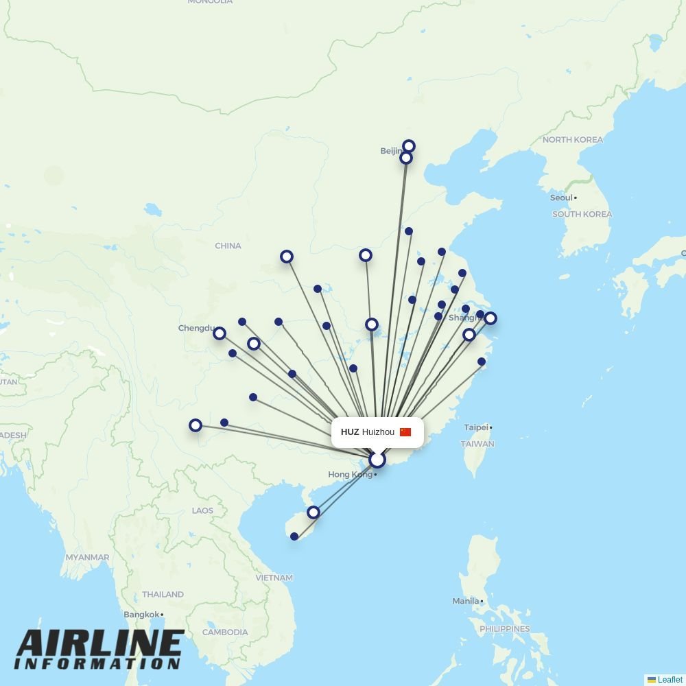 Juneyao Airlines routes from HUZ