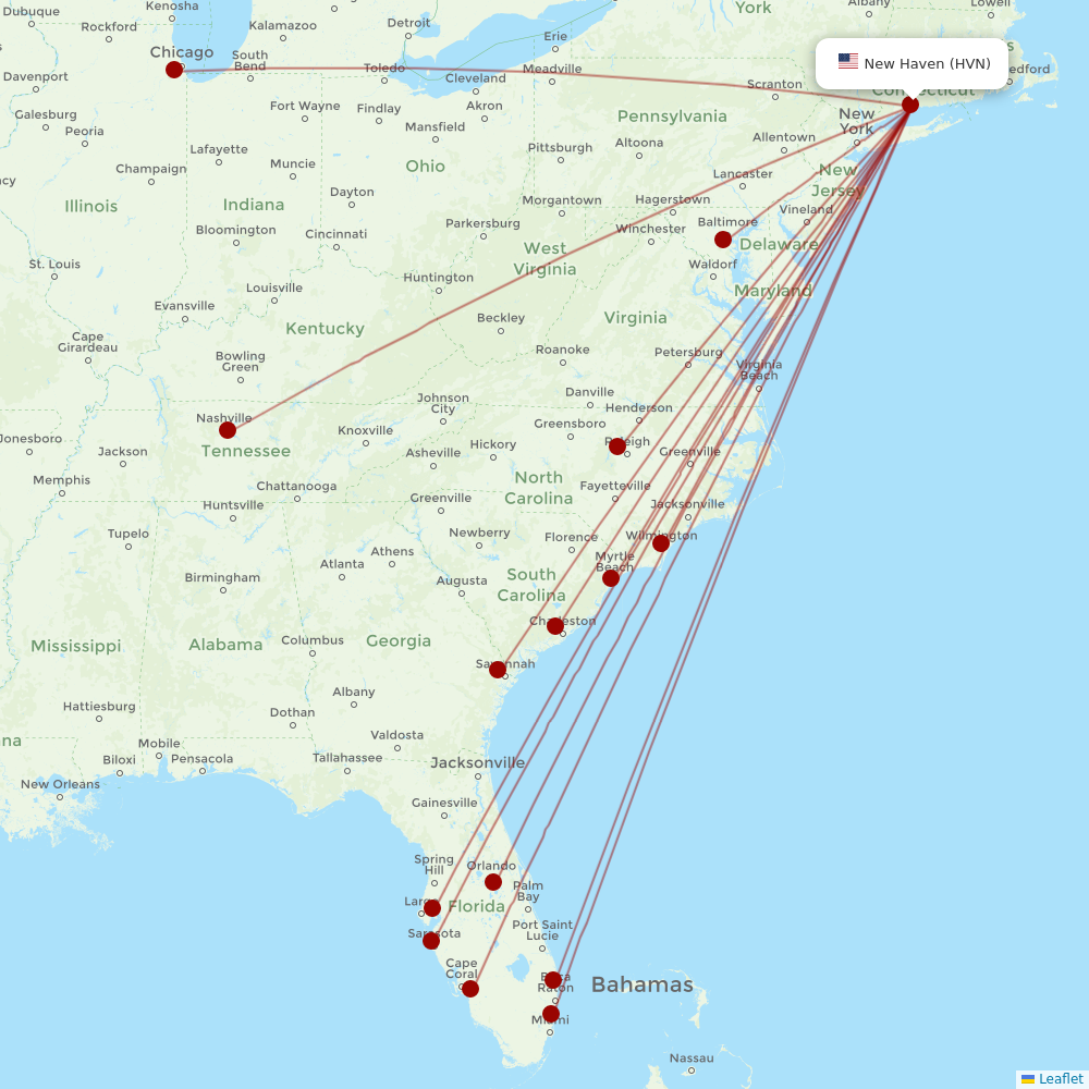 Xtra Airways at HVN route map