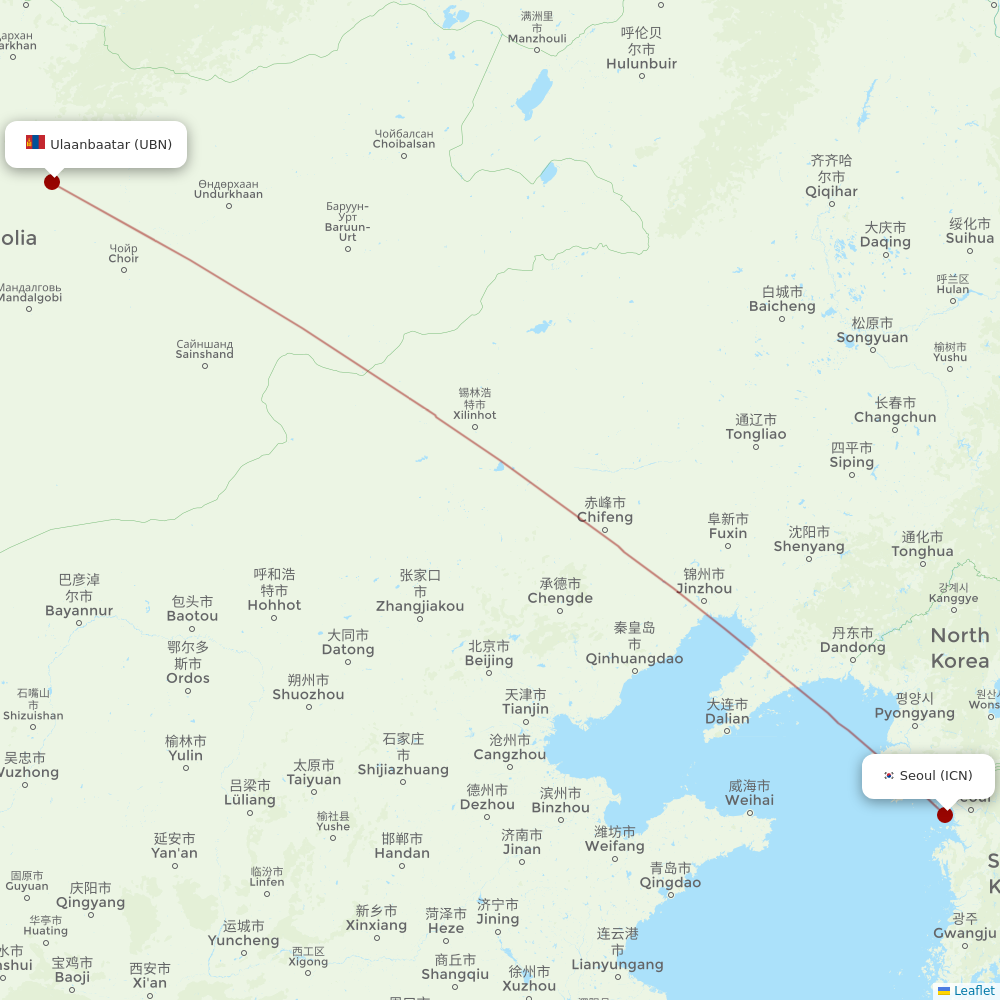 Miat - Mongolian Airlines at ICN route map