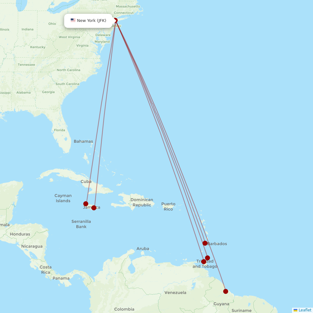 Caribbean Airlines at JFK route map