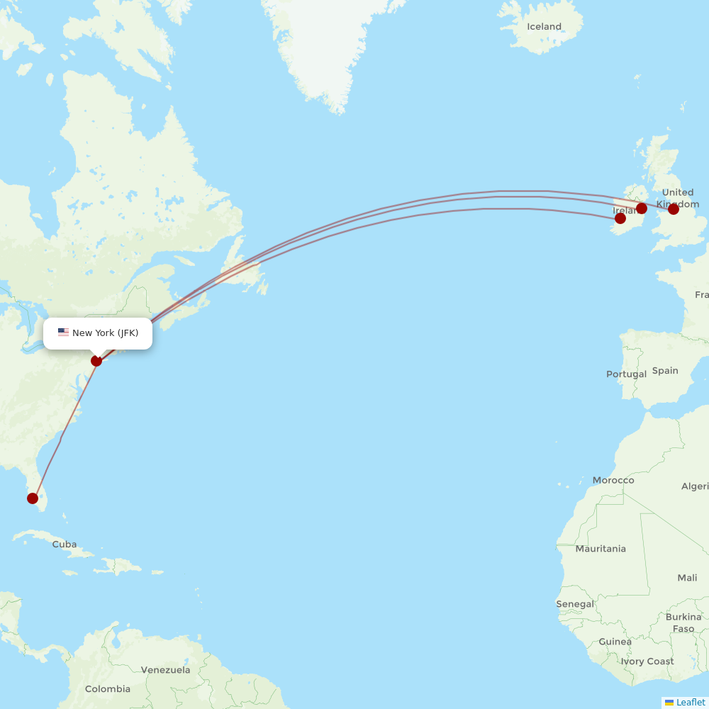 Aer Lingus at JFK route map