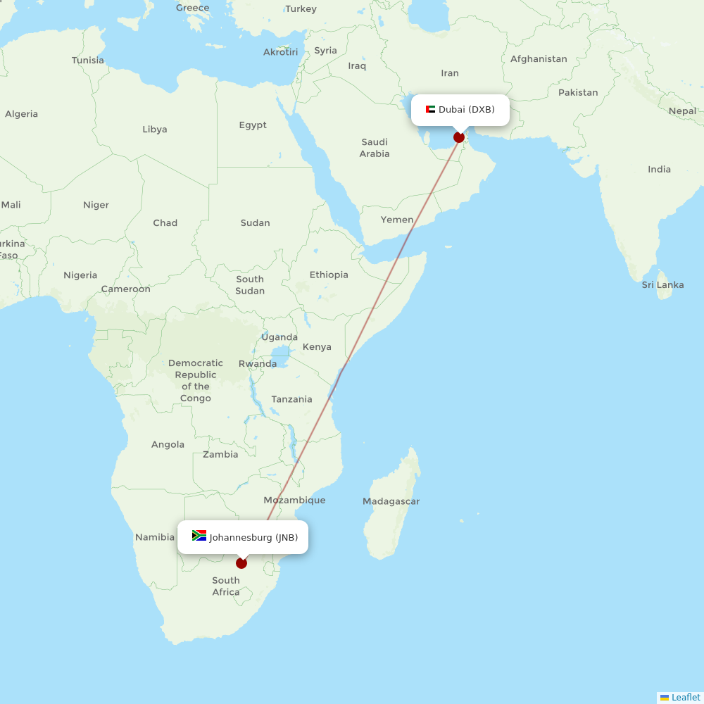 Emirates at JNB route map