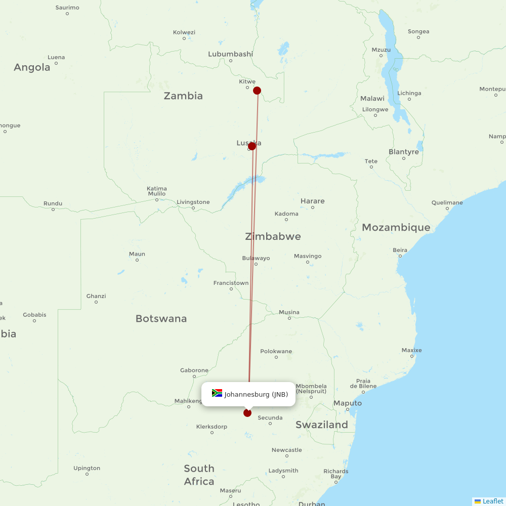 Proflight Zambia at JNB route map