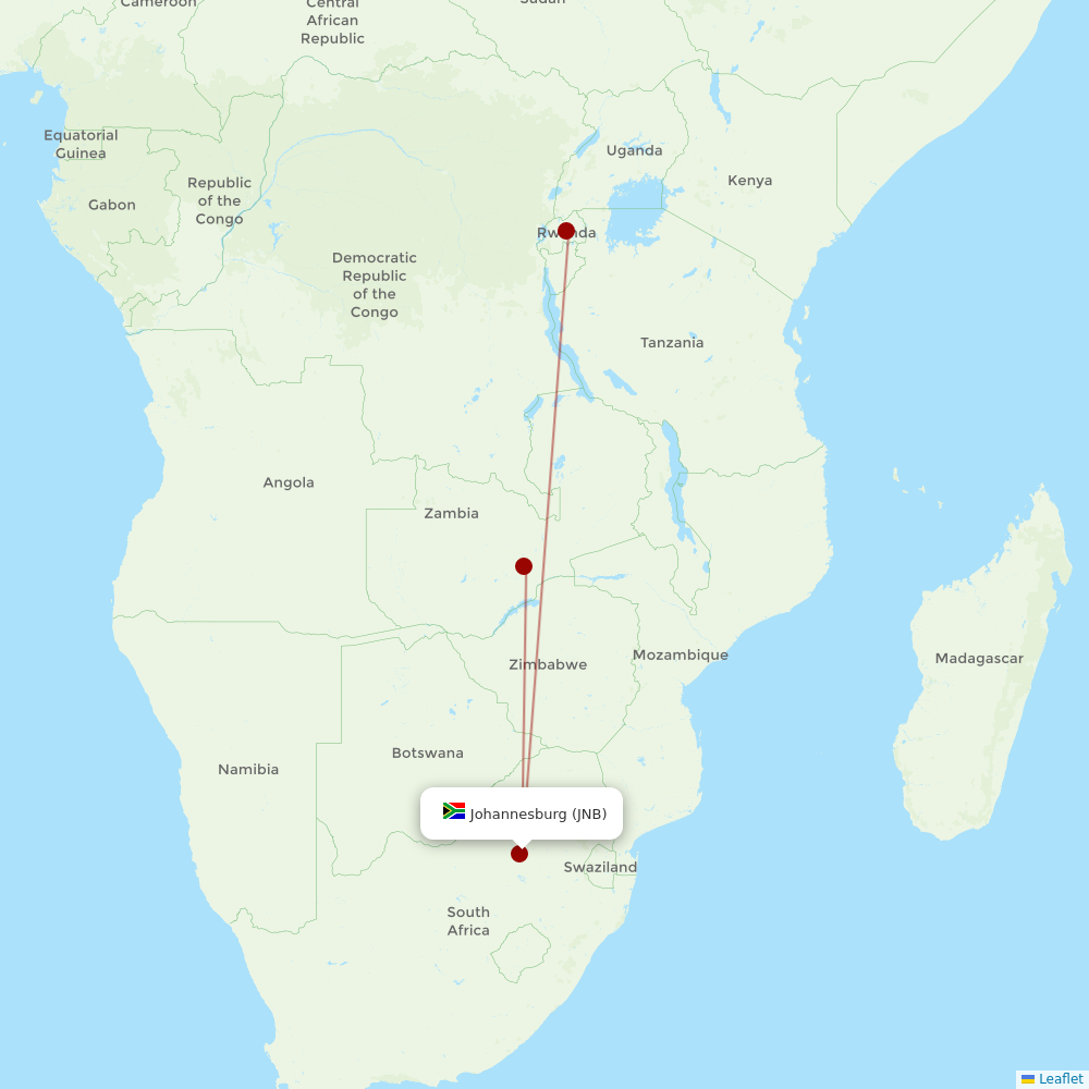 RwandAir at JNB route map