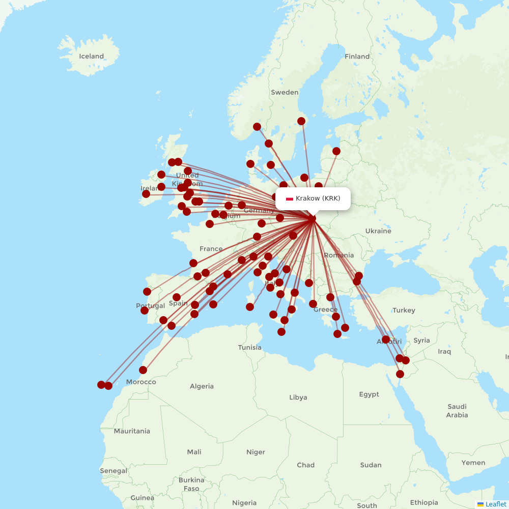 Ryanair at KRK route map