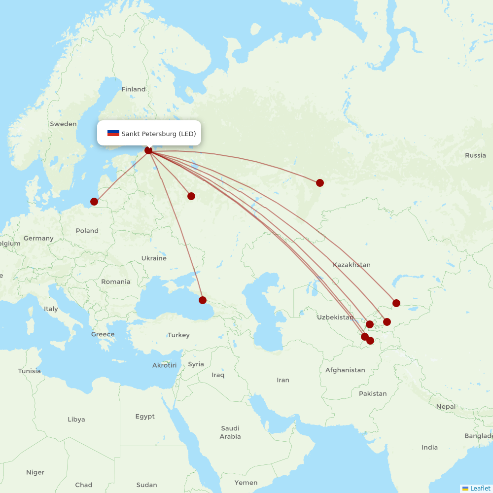 Ural Airlines at LED route map