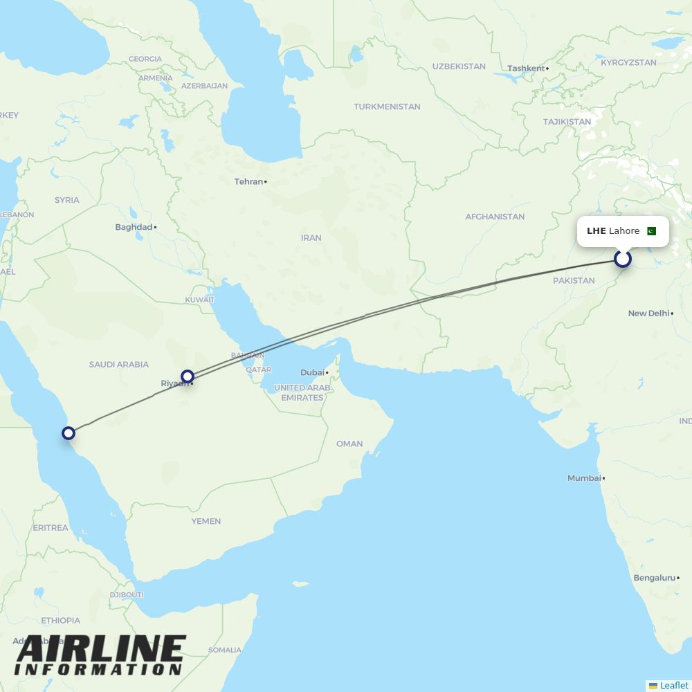 Saudia routes from LHE