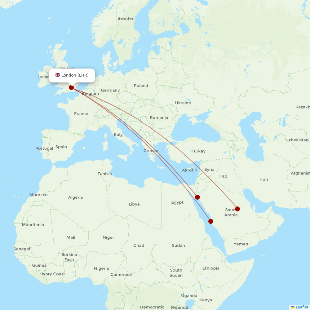 Saudia at LHR route map