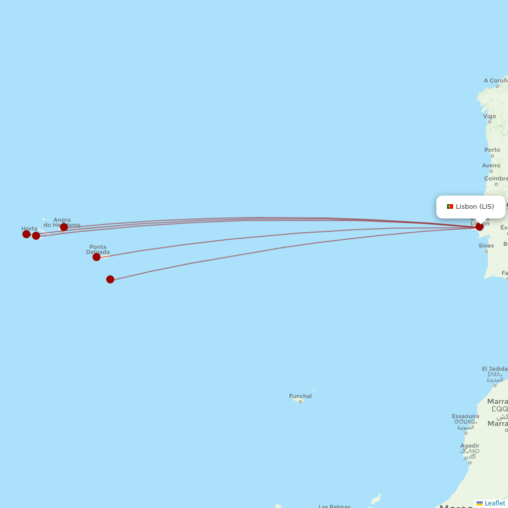 Azores Airlines at LIS route map