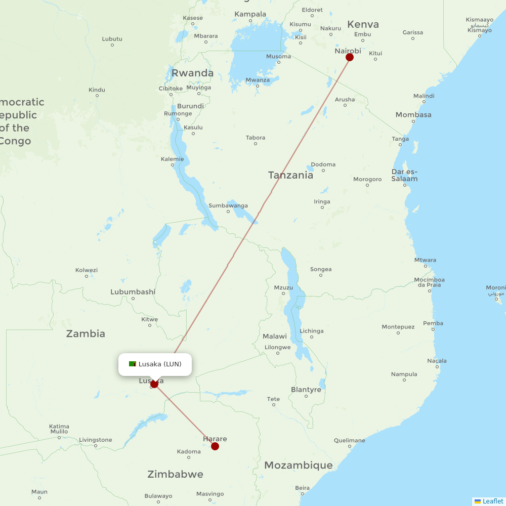 Kenya Airways at LUN route map