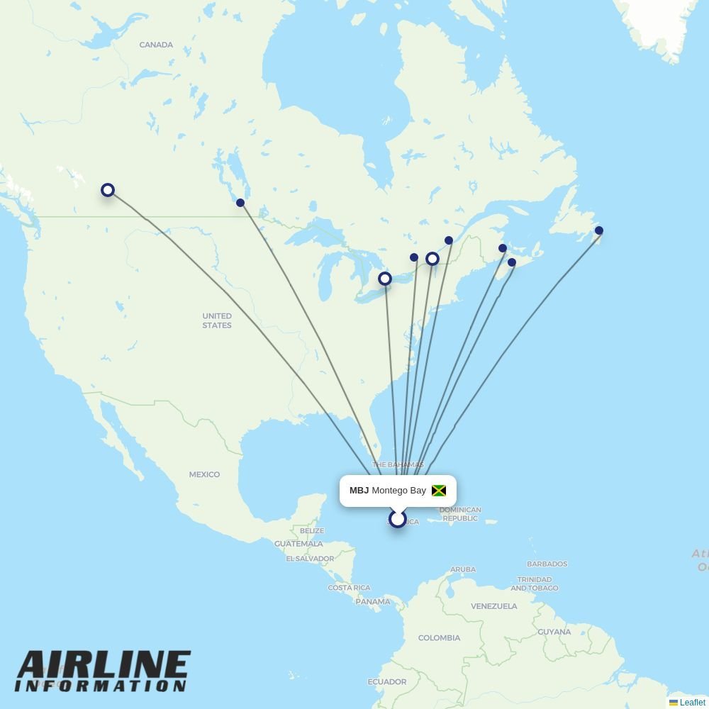 WestJet routes from MBJ