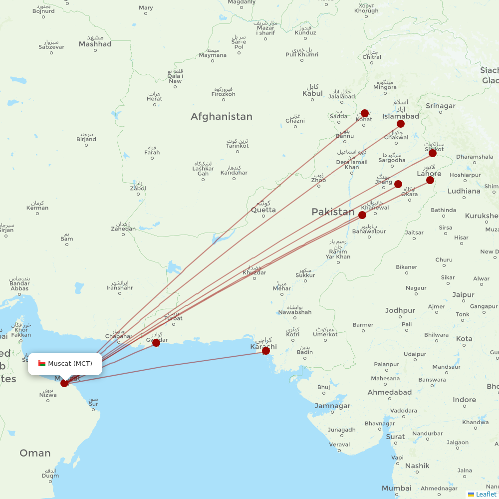 Pakistan International Airlines at MCT route map