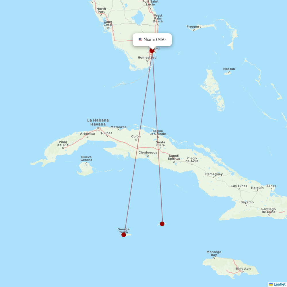 Cayman Airways at MIA route map