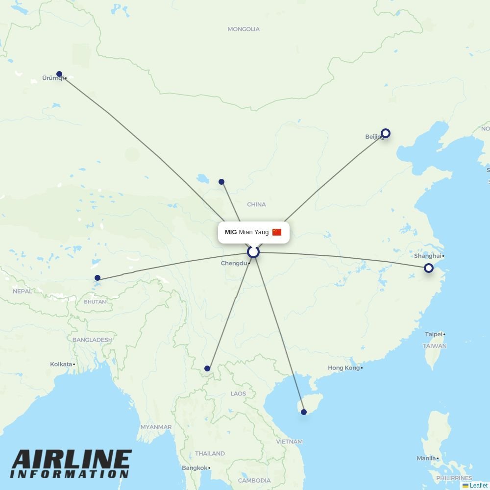 Sichuan Airlines routes from MIG