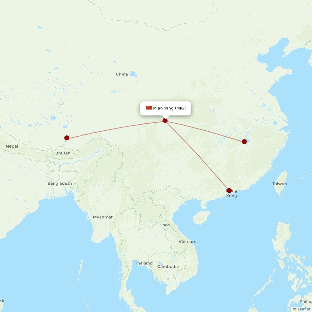 Tibet Airlines at MIG route map